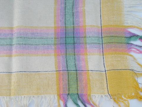 photo of striped flax linen vintage 1930s kitchen tablecloth, mint w/ original labels #4