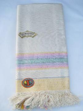 catalog photo of striped flax linen vintage 1930s kitchen tablecloth, mint w/ original labels