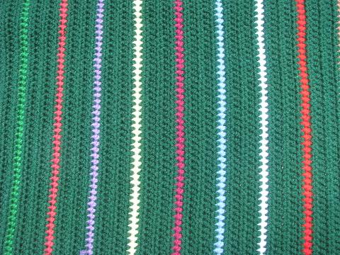 photo of stripes on green handmade crochet yarn throw rug, retro 70s vintage #2