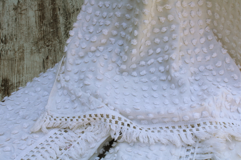 photo of summer cottage true vintage all white curtains, cotton chenille tufted curtain panels w/ fringe  #1