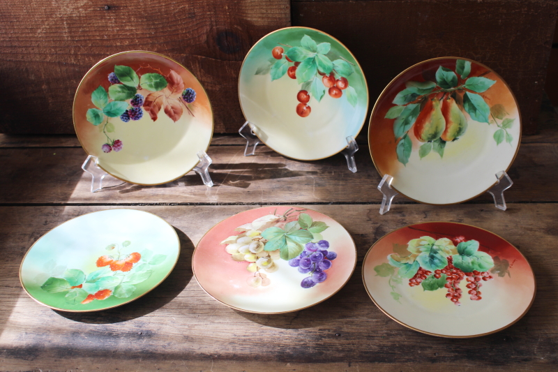 photo of summer fruit hand painted china plates, collection of mismatched plates early 1900s vintage #1