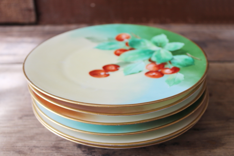 photo of summer fruit hand painted china plates, collection of mismatched plates early 1900s vintage #4