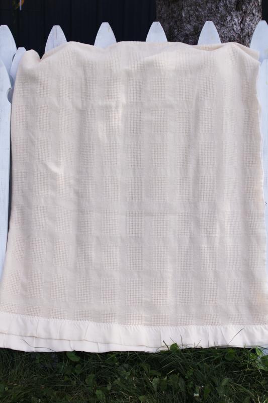 photo of summer weight soft light wool blanket, vintage Faribo type waffle thermal weave ivory white #6