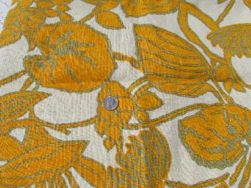 catalog photo of sun gold tropical flowers print linen fabric, 1960s vintage