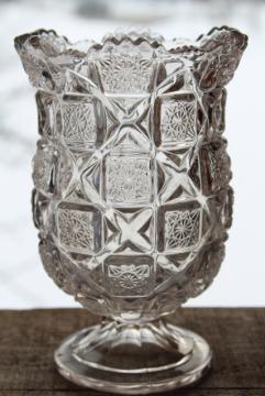 catalog photo of sun purple pressed glass celery vase or spooner spoon holder Old Quilt pattern glass