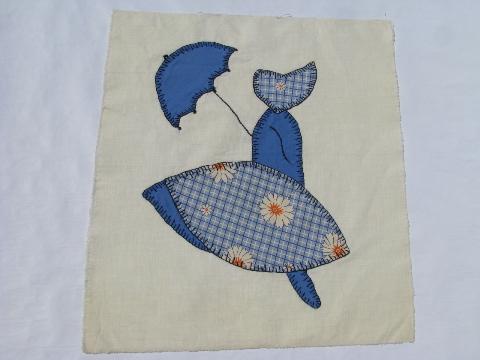 photo of sunbonnet lady vintage quilt top blocks, hand-stitched patchwork applique, old cotton print fabric #3