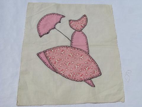 photo of sunbonnet lady vintage quilt top blocks, hand-stitched patchwork applique, old cotton print fabric #4