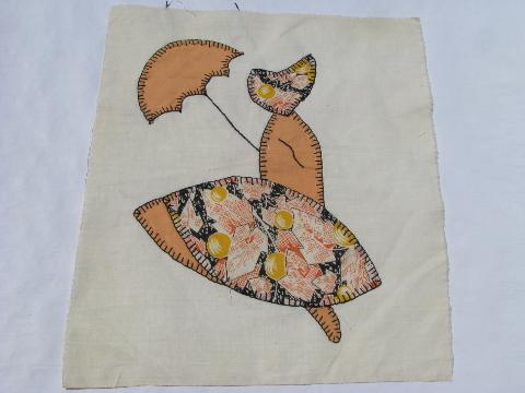 photo of sunbonnet lady vintage quilt top blocks, hand-stitched patchwork applique, old cotton print fabric #5