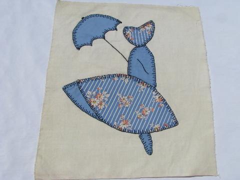 photo of sunbonnet lady vintage quilt top blocks, hand-stitched patchwork applique, old cotton print fabric #9