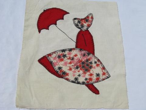 photo of sunbonnet lady vintage quilt top blocks, hand-stitched patchwork applique, old cotton print fabric #10