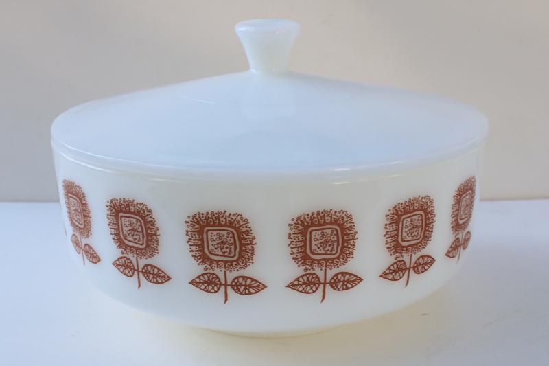 photo of sunflower pattern milk glass casserole dish, bowl w/ lid mid-century mod Federal glass #1