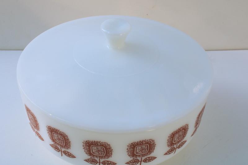 photo of sunflower pattern milk glass casserole dish, bowl w/ lid mid-century mod Federal glass #2