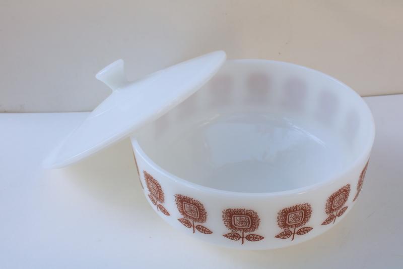 photo of sunflower pattern milk glass casserole dish, bowl w/ lid mid-century mod Federal glass #3