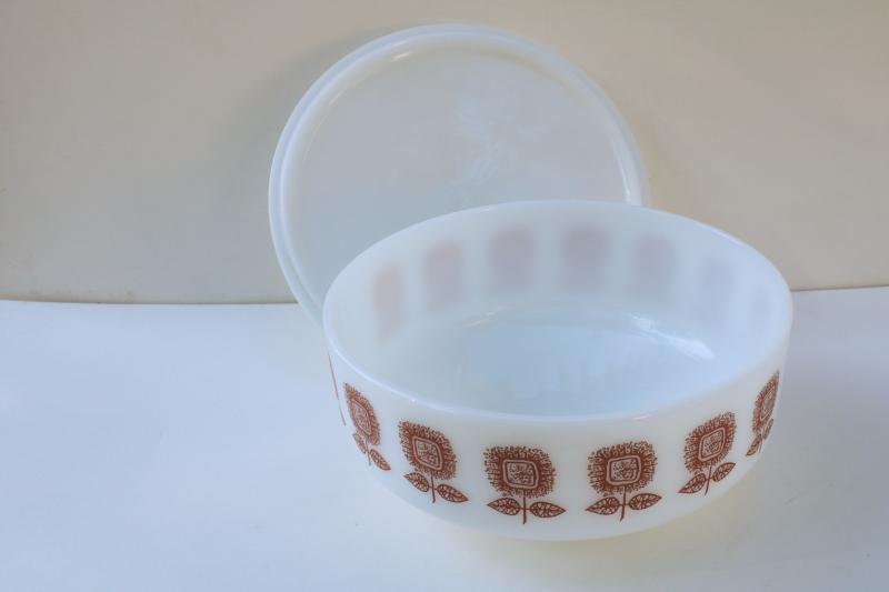 photo of sunflower pattern milk glass casserole dish, bowl w/ lid mid-century mod Federal glass #4