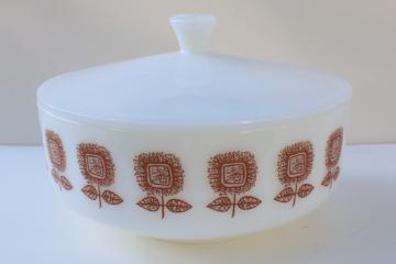 catalog photo of sunflower pattern milk glass casserole dish, bowl w/ lid mid-century mod Federal glass