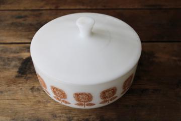 catalog photo of sunflower pattern milk glass casserole dish, bowl w/ lid mid-century mod Federal glass