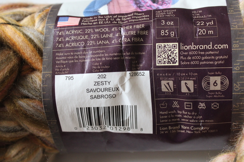 photo of super bulky yarn Lion Brand Quickie one skein Zesty colorway, tan w/ colors  #3