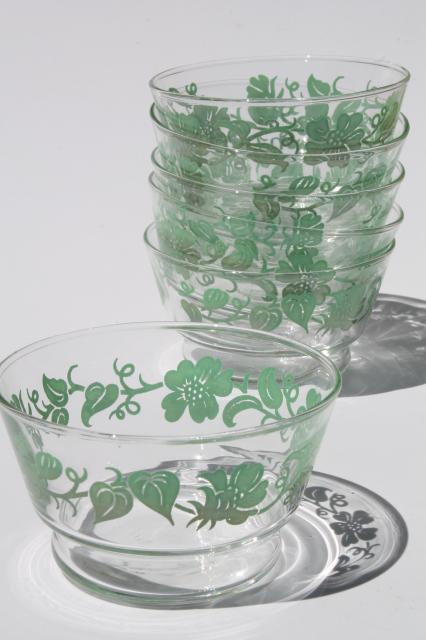 photo of swanky swigs vintage flowered kitchen glass dishes, Libbey glass bowls w/ green flower print #1