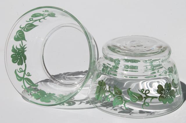 photo of swanky swigs vintage flowered kitchen glass dishes, Libbey glass bowls w/ green flower print #6