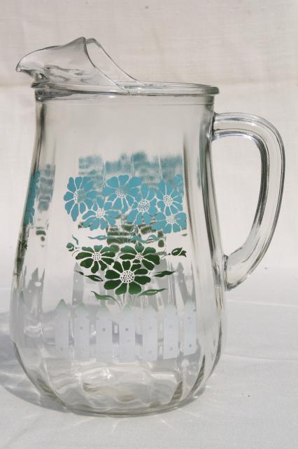 photo of swanky swigs vintage glass milk or lemonade pitcher w/ cottage flowers & picket fence #2