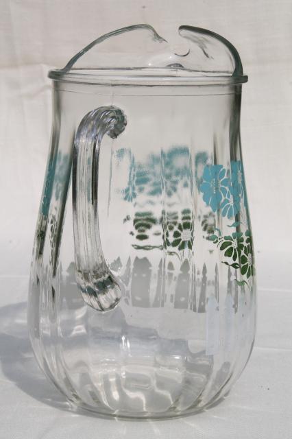 photo of swanky swigs vintage glass milk or lemonade pitcher w/ cottage flowers & picket fence #3