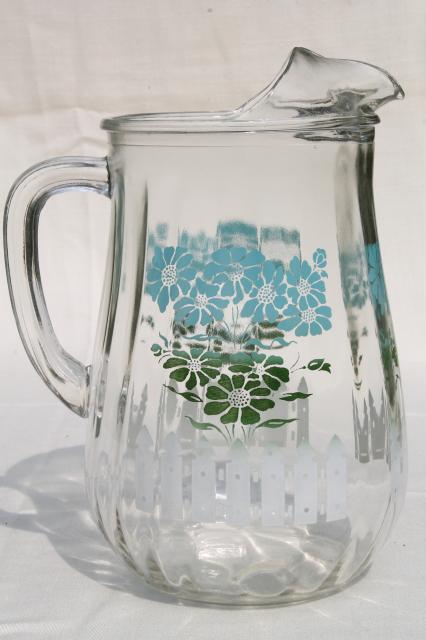 photo of swanky swigs vintage glass milk or lemonade pitcher w/ cottage flowers & picket fence #4