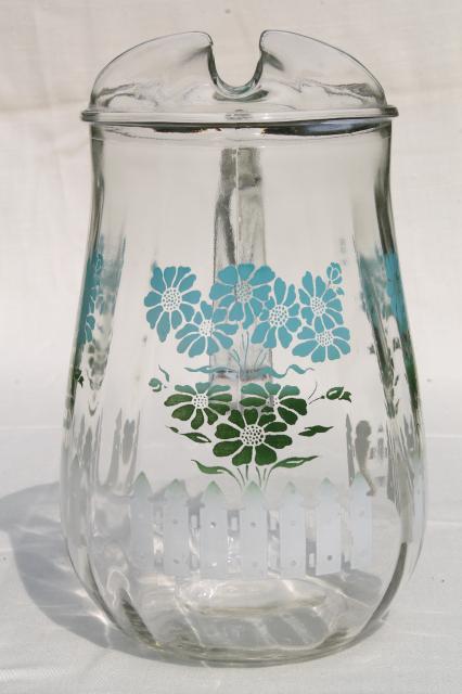 photo of swanky swigs vintage glass milk or lemonade pitcher w/ cottage flowers & picket fence #5