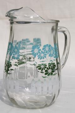 catalog photo of swanky swigs vintage glass milk or lemonade pitcher w/ cottage flowers & picket fence