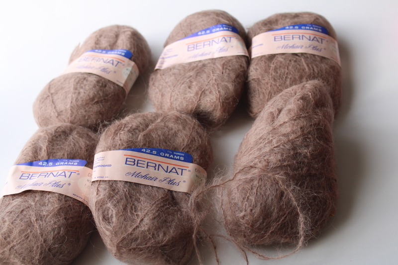 photo of sweater girl vintage fluffy mohair wool yarn, pale brown mink color Bernat six skeins  #1
