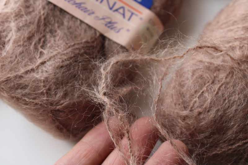photo of sweater girl vintage fluffy mohair wool yarn, pale brown mink color Bernat six skeins  #2
