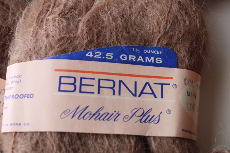 photo of sweater girl vintage fluffy mohair wool yarn, pale brown mink color Bernat six skeins  #3