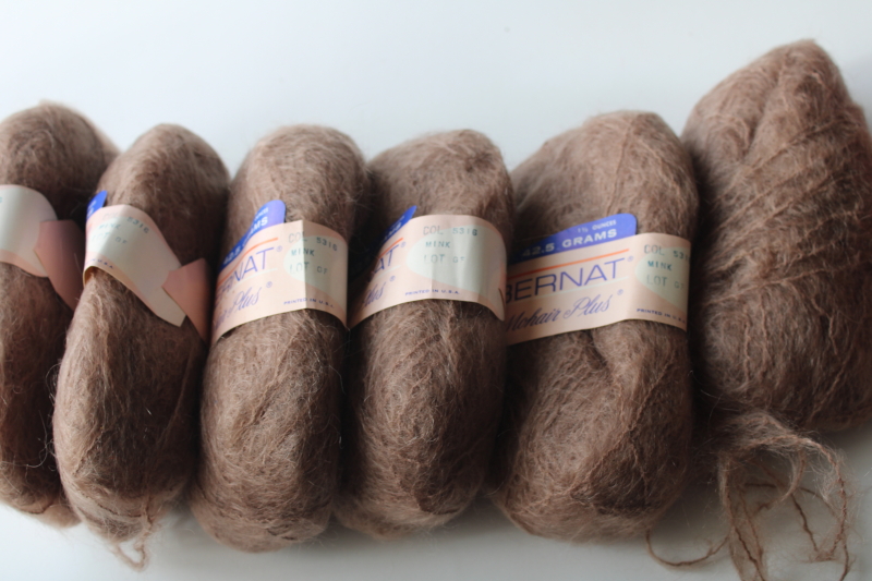 photo of sweater girl vintage fluffy mohair wool yarn, pale brown mink color Bernat six skeins  #6