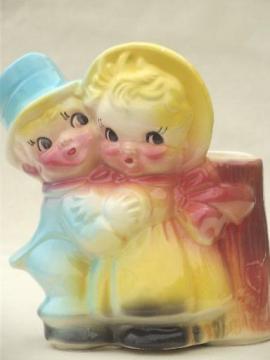 catalog photo of sweet baby couple vintage pottery planter, Tom Thumb? Dolly Dimple?