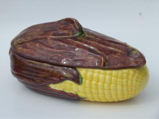 photo of sweet corn on the cob, retro handcrafted ceramic casserole vegetable dish #1