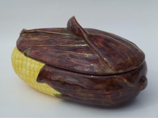 photo of sweet corn on the cob, retro handcrafted ceramic casserole vegetable dish #2