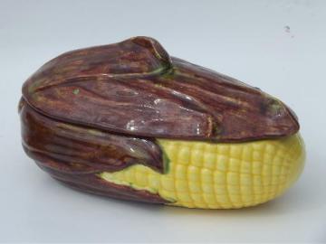 catalog photo of sweet corn on the cob, retro handcrafted ceramic casserole vegetable dish