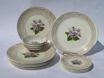 catalog photo of sweet violets vintage floral china dishes, large lot bowls & plates