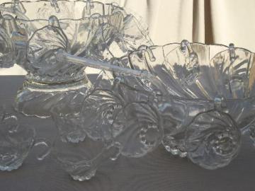 catalog photo of swirled  glass punch bowls, bowl stand & hooked cups, vintage Hazel Atlas glass