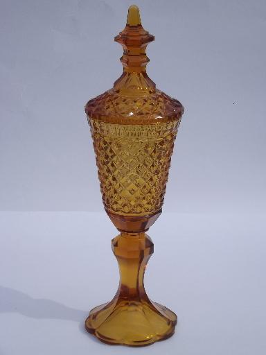 photo of tall amber glass candy jar, vintage diamond point or waffle pattern glass #1