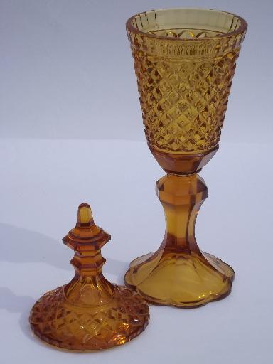 photo of tall amber glass candy jar, vintage diamond point or waffle pattern glass #2