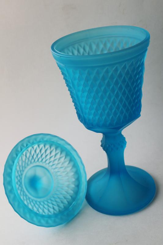 photo of tall apothecary jar candy dish w/ lid, vintage Indiana glass regal blue frosted glass #4