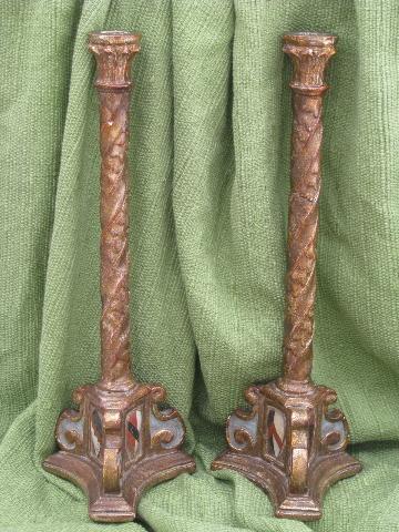 photo of tall carved wood candlesticks, Italian Florentine antique gilt finish #2