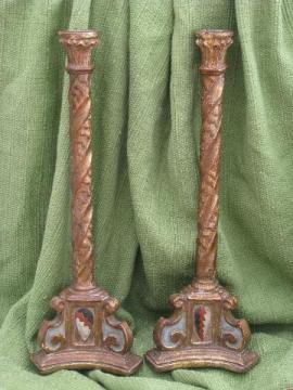 catalog photo of tall carved wood candlesticks, Italian Florentine antique gilt finish