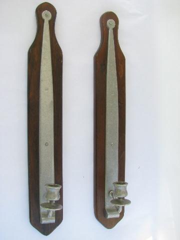 photo of tall colonial pewter sconces for candles, wall mount candlesticks, vintage Armetale #2