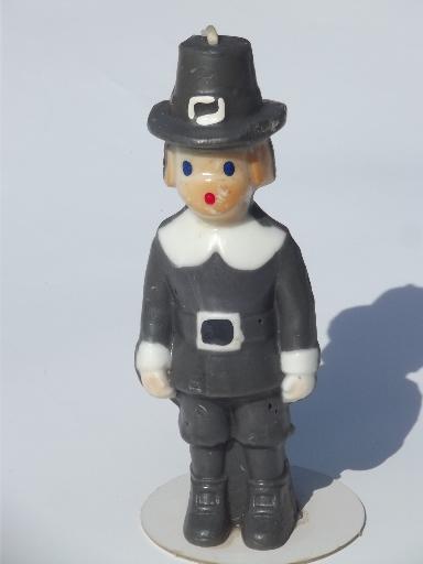 photo of tall figural holiday candle, vintage Gurley Thanksgiving pilgrim boy #1