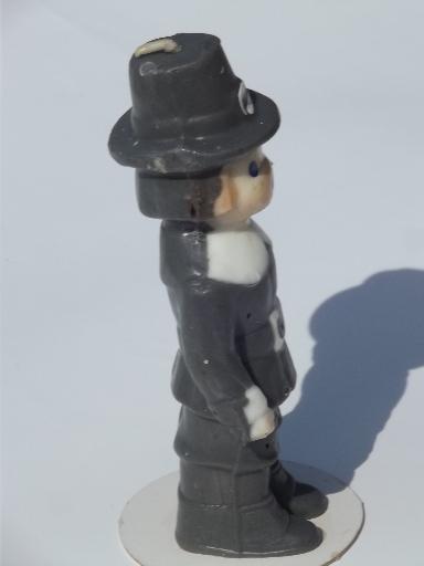 photo of tall figural holiday candle, vintage Gurley Thanksgiving pilgrim boy #2