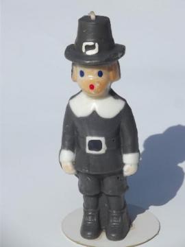 catalog photo of tall figural holiday candle, vintage Gurley Thanksgiving pilgrim boy