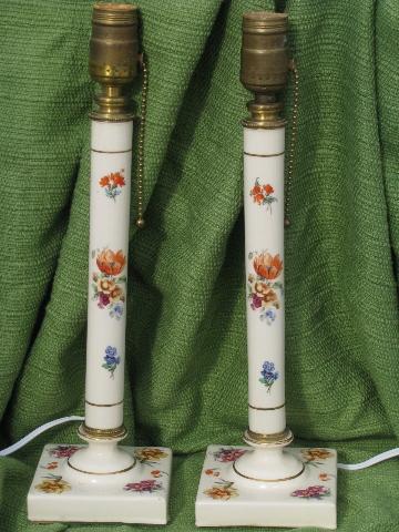 photo of tall flowered china candlestick lamps, vintage brass pull chain sockets #1
