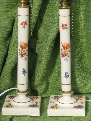 photo of tall flowered china candlestick lamps, vintage brass pull chain sockets #2