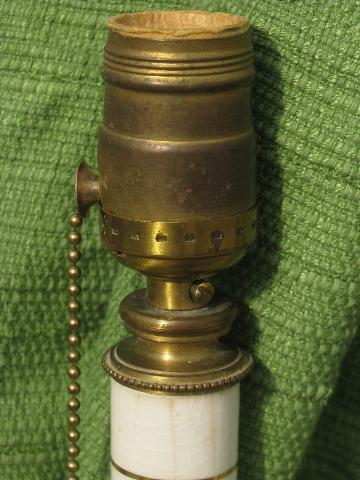 photo of tall flowered china candlestick lamps, vintage brass pull chain sockets #4